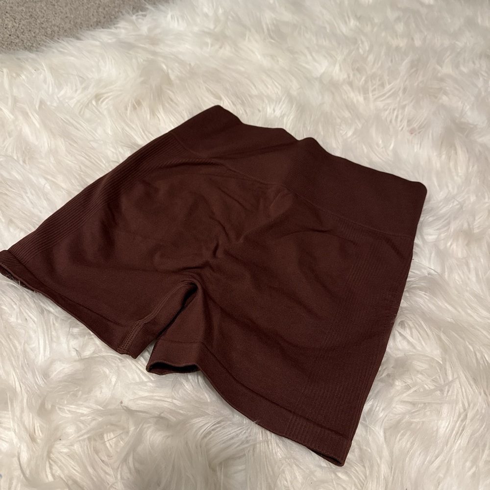 Brown High Waisted Biker Workout Shorts with Scrunch